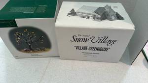 lot 1109 image: Department 56 Snow Village Village Greenhouse Ceramic Building and field stone wall with apple tree