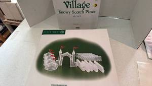 lot 1115 image: Department 56 Village Ice Crystal Gate and Walls Set and snowy scotch pines