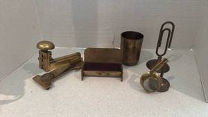 lot 1243 image: Brass stapler, magnifying glass stand and more