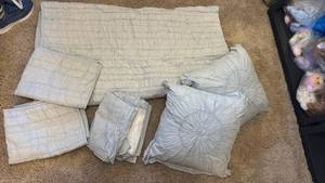 lot 1456 image: Lauren Conrad fullqueen bed spread, pillow shams, skirt and throw pillows pale blue colored