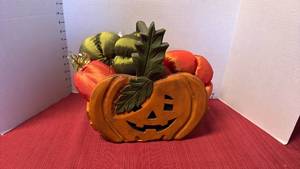 lot 3206 image: Fall decor with wooden pumpkin basket