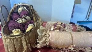 lot 3216 image: Victorian Style Decorative Pillow Set with Basket and stuffed animal