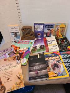 lot 7020 image: Books, including Old Yeller, scrapbooking, mosaic stickers, and a bookend