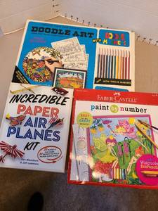 lot 7028 image: Paper airplanes kit, paint by number kit, doodle art.