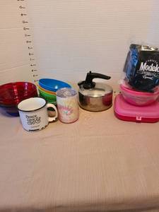lot 7041 image: Revere Ware whistling tea kettle, plastic bowls, stainless thermal cup, more