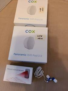 lot 7059 image: Cox Panoramic Wifi Pod 2.0 - 2 pack bundle,  ear buds, projection keyboard