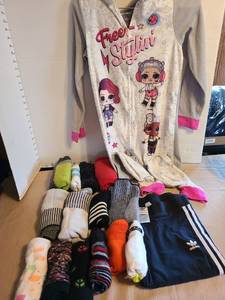 lot 7104 image: Girls Adidas pants, size M, LOL onesie pajamas, size 10-12, socks