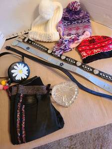 lot 7113 image: Glass heart-shaped trinket box, belts, hats, girls jeans 10-12