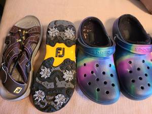 lot 7117 image: Ladies Footjoy Golf Sandals size 8 and Crocs size 9