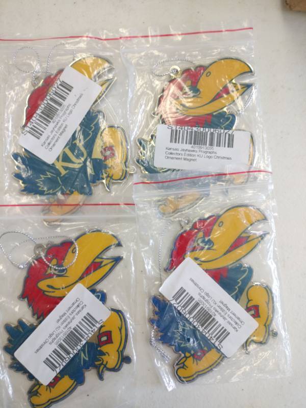 lot 20014 image: Kansas Jayhawks Prographs Collectors Edition KU Logo Christmas Ornament - 4 Pack