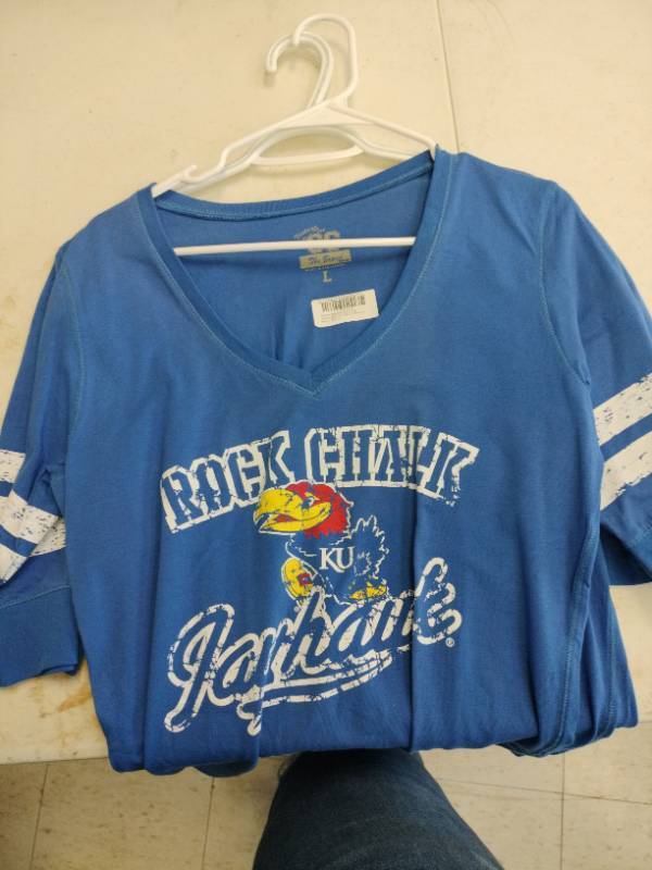 lot 20178 image: Kansas Jayhawks Glitter Gear Woman Blue Pep Rally 12 Sleeve V-Neck (L) (Set of 2)