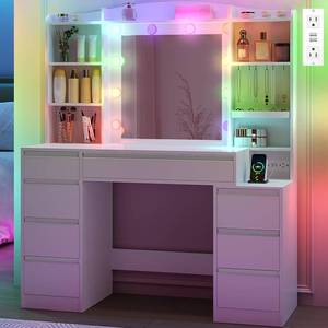 lot 575 image: $176 Vanity Desk with Mirror, Makeup Vanity with RGB Led Lights,Dressing Table with Power Strip,8 Drawers & 8 Storage Shelves, 47.2inch Desktop, Modern, White