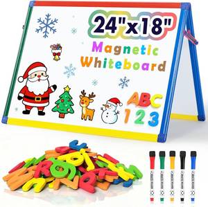 lot 2127 image: SWANCROWN Magnetic Board for Kids - Tabletop White Board for Children- 24x18 Inch Double Sided Foldable Dry Erase Board Standing with 82Pcs Alphabet Magnets Whiteboard Letters