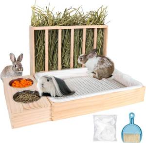 lot 3141 image: 3 in 1 Rabbit Hay Feeder with Litter Box,Upgraded Wooden Hay Feeder Set for Guinea Pig Chinchilla Bunny Other Small Animals,Quick Cleaning & Large Capacity & Preventing Waste