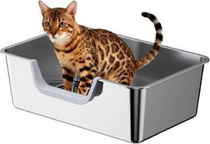 lot 3146 image: Stainless Steel Cat Litter Box, Steel Litter Pan with Curved Low Entry, Leak Proof 6 Inch High Side for Urine, Easy Entry for Kittens Older Cats, No Slip, 17.7 x 13.8 x 6, Silver