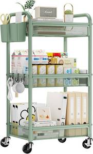 lot 3148 image: YASONIC 3 Tier Rolling Cart   Metal Utility Storage Carts with Wheels, Craft Carts Organizer with Hanging Cups, Hooks, Mesh Basket for Bedside Kitchen Office Art, Green