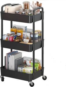 lot 3155 image: Sywhitta 3-Tier Plastic Rolling Utility Cart with Handle, Multi-Functional Storage Trolley for Office, Living Room, Kitchen, Movable Storage Organizer with Wheels, Black