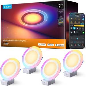 lot 3165 image: $130 Govee Smart Recessed Lighting 6 Inch, Matter RGBIC LED Recessed Light Work with Alexa, Google Assistant, Dimmable 1100LM Canless Downlight with Junction Box for Living Room, Bedroom, Kitchen 4 Pack