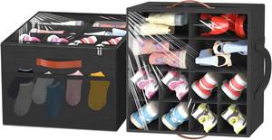 lot 3202 image: Aokeyee Shoe Organizer for Closet, 2 Pack Foldable Shoe Storage Organizer Box wClear Cover and 4 Reinforced Handles, Space Saving Shoes Bin Fits up to 16-32 Pairs, Black