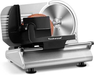 lot 3214 image: Meat Slicer, Techwood 150W Electric Food Slicer with Removable 7.5  Stainless Steel Blade, Deli Fruit Vegetable Cutter with Adjustable Knob for Thickness, Food Carriage & Non-Slip Feet, Double Blade