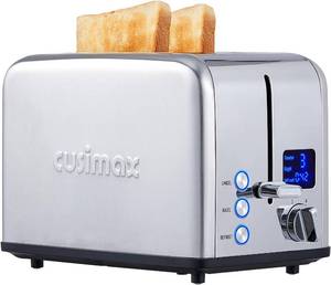 lot 3215 image: CUSIMAX Stainless Steel 2 Slice Toaster with LED Display, Extra-wide Slots, 6 Browning Settings, CancelBagelDefrost, Removable Crumb Tray, Silver