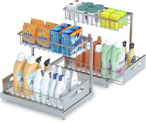 lot 3217 image: Under Sink Organizer Storage 2-Tier Premium Metal Pull-Out Kitchen Cabinet Organizer with Sliding Drawer, Height Adjustable, Heavy Duty for Kitchen & Bathroom Organizers 2 Pack Grey