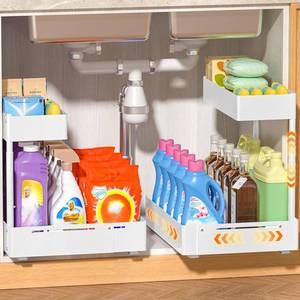 lot 3219 image: YJHome 2 Pack Expandable Under Sink Organizer, 2 Tier Pull Out Cabinet Organizer with Smooth Ball Bearing Slides, Adjustable Height Cabinet Storage Shelves for Kitchen, Bathroom, Laundry, Pantry