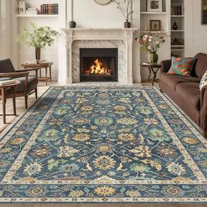 lot 3224 image: Washable Oushak Area Rug 8x10 Large Modern Turkish Oriental Floral Luxury Carpet for Bedroom Nursery Living Room Dining Home Decor Navy Blue