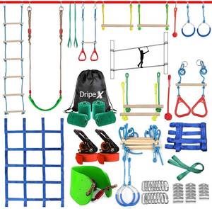 lot 3229 image: $150 Ninja Warrior Obstacle Course for Kids Backyard - 2 50ft Slackline Kit with 10 Most Complete Accessories for Boys & Girls, Swing, Rope Ladder, Gymnastic Ring, Climbing Net, Arm Trainer and Monkey Fist
