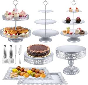 lot 3236 image: Silver Cake Stand Sets, Metal Dessert Table Display Tiered Cupcake Holder Food Fruit Donut Plate Serving Tower Tray Platter With Tong, Cake Knife and Server Set For Wedding Birthday Party Decor 11PCS