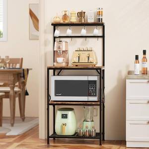 lot 3241 image: Kitchen Bakers Rack with Storage Shelves, Small Coffee Bar Cart with 8 Hooks, 4 Tiers Microwave Stand Station with Adjustable Shelves, Freestanding Kitchen Appliance Organizer, Rustic Brown