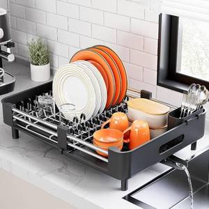 lot 3243 image: Stainless Steel Dish Drying Rack - Dish Drainer for Kitchen Counter, Extendable Drainboard with Foldable, Space-Saving Cup & Bowl Organizer, Includes Knife and Utensil Holder, Black