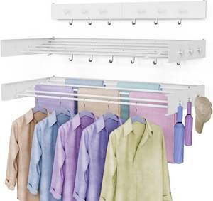 lot 3255 image: Drying Rack Clothing,Clothes Drying Rack Wall Mounted,Laundry Drying Rack Wall Mount,Foldable,Collapsible,60 lb Capacity 5 Aluminium Poles with 6 Hooks,Space Saving Clothes Drying Rack,White 40