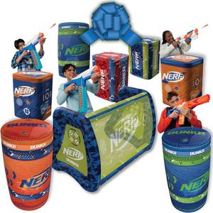 lot 3275 image: $119 NERF NERF Stadium Pack   8-Piece Inflatable Barricade Shield Bunker Set for War, Laser Tag, Foam Dart Blasters, Gel Blasters, Water Blasters & Outdoor Battle Play