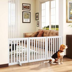 lot 3284 image: 24 H Freestanding Wooden Pet Gate, Dog Gate for Stairs, Doorways, and Hallways, Step Over Foldable Pet Fence for Indoor Use, Support Feet Included, 60 inch Wide 3 Panels, White