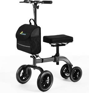 lot 3293 image: $130 Akoasm Collapsible All Terrain Knee Scooter for Adults for Foot Surgery, Adjustable Knee Walker Cart with Basket, Alternative to Crutches for Broken Leg Ankle Injuries, Dual Brakes, Grey