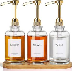 lot 4193 image: Coffee Syrup Dispenser, Glass Syrup Pump Dispenser for Coffee Bar Accessories, Maple Syrup Bottles with Tray, 16.9 fl oz Simple Syrup Bottles with 14oz Large Capacity Gold Pump