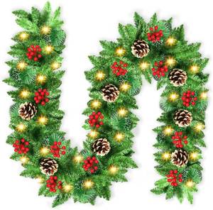 lot 4206 image: Christmas Garland, JTSIOV 9ft Artificial Christmas Tree Garland with 9ft Lights, Pine Cones, Red Berries, Branch Tips, Waterproof Christmas Decoration for Stairs, Fireplace, Door, Xmas Trees, Garden