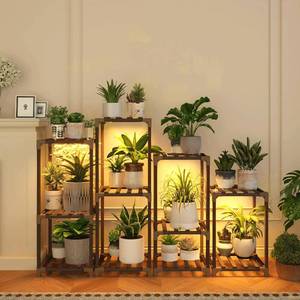 lot 4214 image: Bamworld Plant Stands with Grow Light Indoor 4 Sets Plant Shelves Outdoor Wooden Plant Holder for Multiple Plants Flower Stands Window Warm Light