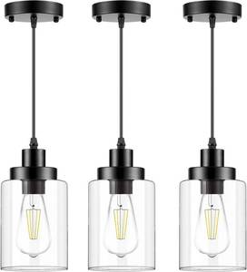 lot 4223 image: Industrial Pendant Lighting, Modern Clear Glass Shade Farmhouse Adjustable Hanging Light Fixtures for Kitchen Island Living Room Bedroom Hallway, 3-Pack
