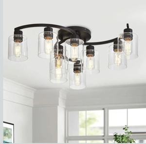 lot 4233 image: 9 Light Semi Flush Mount Ceiling Light, Matte Black Ceiling Light, Farmhouse Dining Room Light Fixture with Clear Glass Shade, Kitchen Fixtures for Living Room
