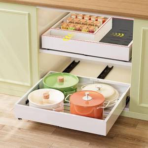 lot 4245 image: Pull Out Cabinet Organizer, Expandable Width (11.4-19.4) and Depth (16.7-21) With 3 Rails, Heavy Duty Slide out Drawers for Kitchen Base Cabinet Organization, No Drill, White