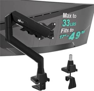 lot 4257 image: WALI Heavy Duty Single Monitor Arm for 17-49 Inch Flat Curved Ultrawide Screens, up to 33 Lbs, Adjustable Gas Spring Single Monitor Desk Mount for Home Office Gaming, VESA 75100mm (GSM001XLN), Black