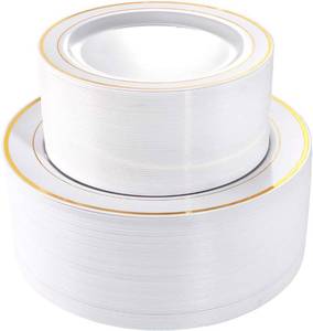 lot 4263 image: I00000 102 Pieces Gold Plastic Plates, Disposable Party Plates White Gold Rim, 51 Disposable Gold Dinner Plates 10.25 Inch and 51 Disposable Dessert Appetizer Elegant Fancy Wedding Plates 7.5 Inch