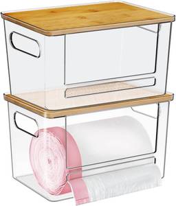 lot 4267 image: Trash Bag Dispenser 2 Pack, Acrylic Garbage Bags Dispenser with Bamboo Top, Extra Large Trash Bag Holder Dispensers Under Sink for Kitchen, Cabinet, Laundry Room, Pantry Organizer and Storage