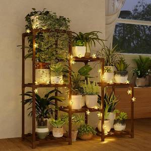 lot 4268 image: Bamworld Plant Stand Indoor with Flower Fairy Lights Battery Plant Shelf Wood Plant Rack for Multiple Plants 3 Tiers Ladder Plant Holder for 7 Pots for Living Room Home Decor for Gardening Gifts