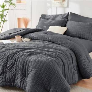 lot 4285 image: HYMOKEGE Queen Comforter Set Seersucker 7 Pieces, All Season Luxury Bed in a Bag for Bedroom, Bedding Set with Comforters, Sheets, Pillowcases & Shams, Dark Grey
