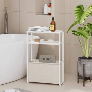 lot 4287 image: Narrow Side Table, Slim End Tables with Fabric Basket, Skinny Table for Small Spaces, Thin Bedside Table for Living Room, Bedroom (1, White  Camel Brown)