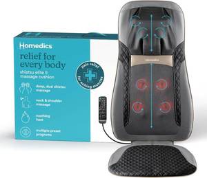 lot 4303 image: $162 HoMedics Back Massager with Heat, Shiatsu Elite II Heated Neck and Back Massage Cushion. 3 Different Massage Styles and 3 Massage Zones. Comes with Controller and Chair Straps