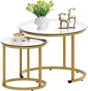 lot 4305 image: aboxoo Gold Nesting Coffee Table Set of 2, Small Glass Round Nesting Tables for Living Room Bedroom, Accent Tea Table with Metal Frame Modern Industrial Simple